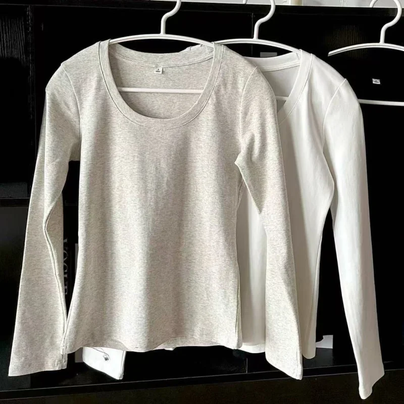 U Neck Long Sleeve T-Shirt Women Autumn Winter New Cotton Slim Casual Top Basic Solid Bottom Shirts Korean