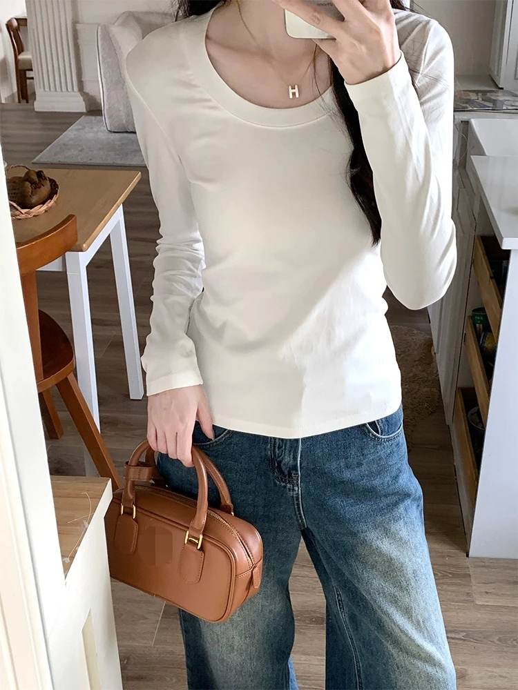 U Neck Long Sleeve T-Shirt Women Autumn Winter New Cotton Slim Casual Top Basic Solid Bottom Shirts Korean