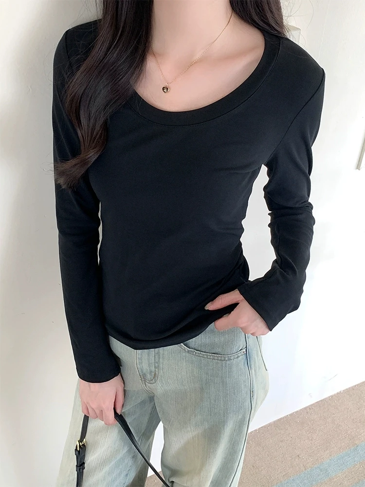 U Neck Long Sleeve T-Shirt Women Autumn Winter New Cotton Slim Casual Top Basic Solid Bottom Shirts Korean
