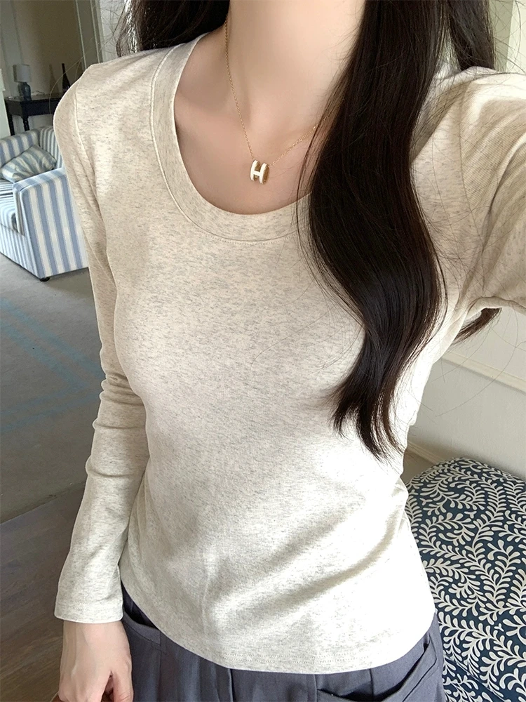 U Neck Long Sleeve T-Shirt Women Autumn Winter New Cotton Slim Casual Top Basic Solid Bottom Shirts Korean