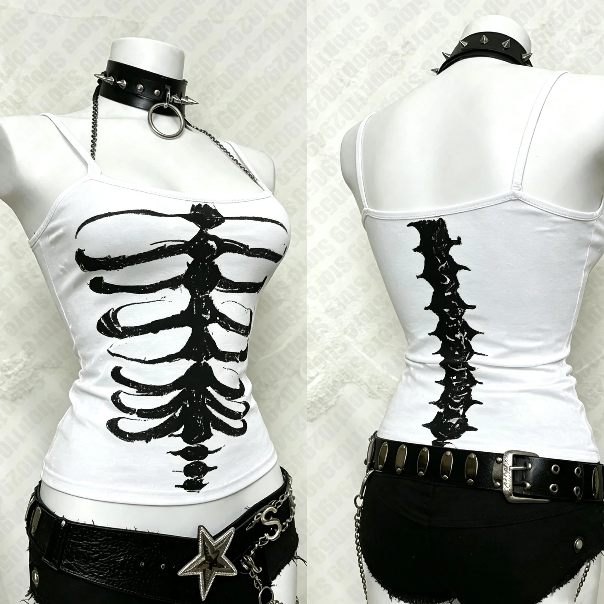 Y2K Gothic Alt Sleeveless Crop Top Vintage Grunge Skeleton Front Back Graphic Slim Women Skeleton Ribcage Spine Cami Tank Tops
