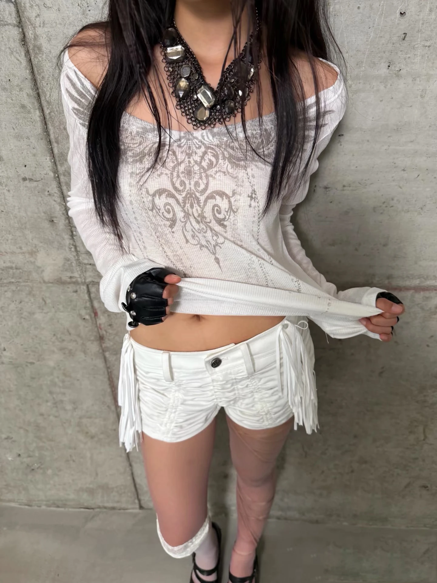 Karrcat Trashy Y2k Tattoo Print T-shirt Grunge Aesthetics Long Sleeve Knitted Tops Vintage Punk Sheer Streetwear American Retro