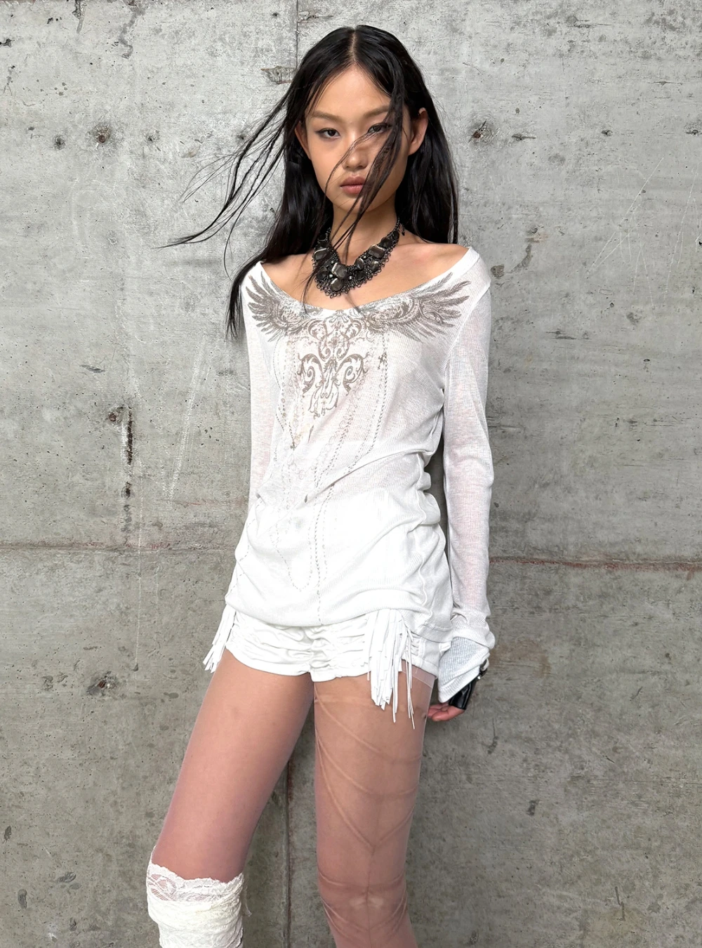 Karrcat Trashy Y2k Tattoo Print T-shirt Grunge Aesthetics Long Sleeve Knitted Tops Vintage Punk Sheer Streetwear American Retro