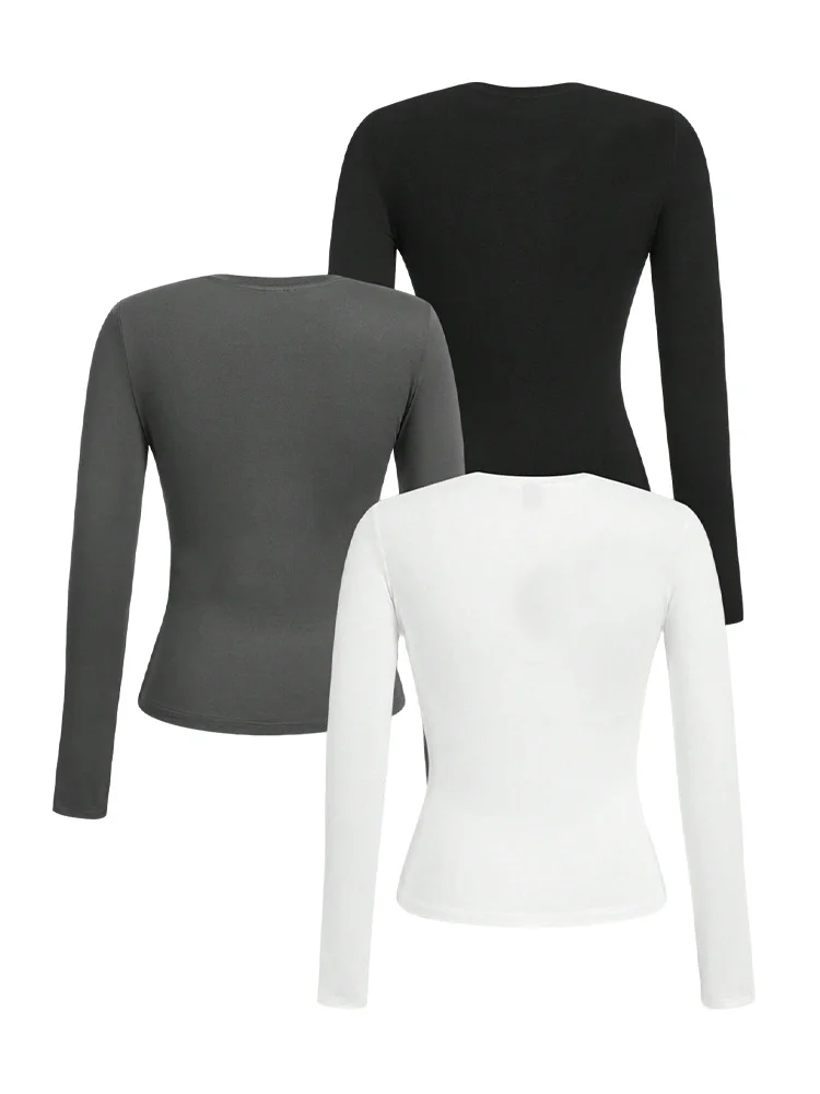 Women's solid-color long-sleeved T-shirt - Polyester knitted fabric, round neck, regular fit, fall-winter style