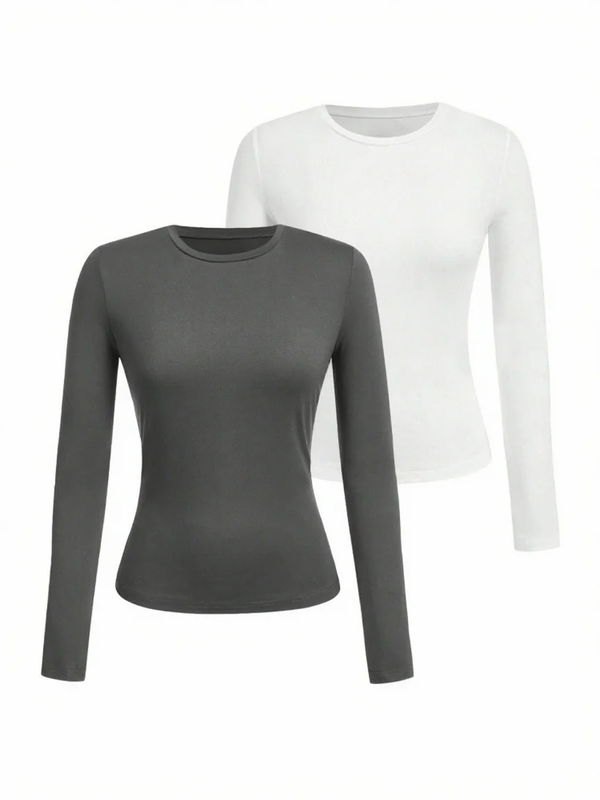 Women's solid-color long-sleeved T-shirt - Polyester knitted fabric, round neck, regular fit, fall-winter style