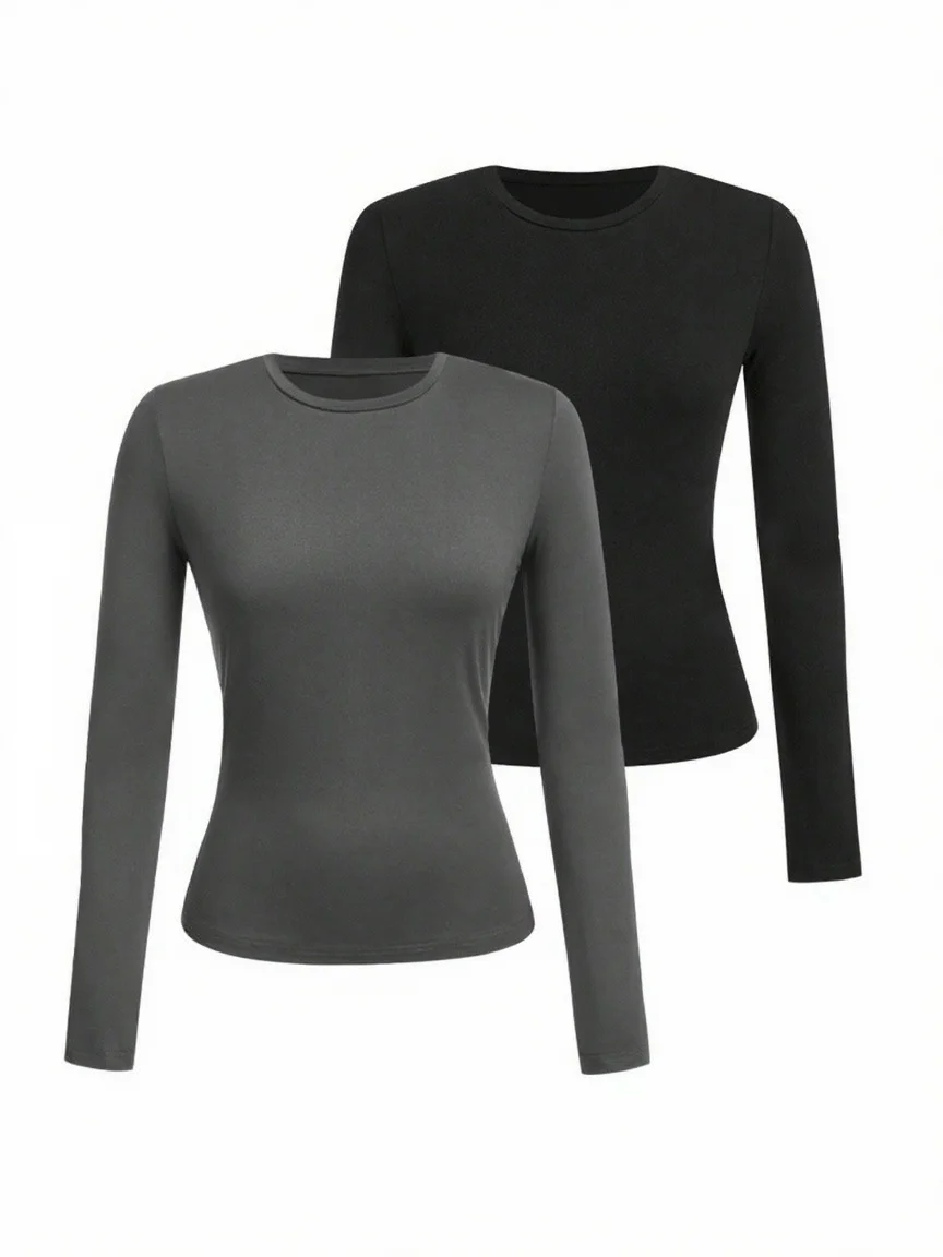 Women's solid-color long-sleeved T-shirt - Polyester knitted fabric, round neck, regular fit, fall-winter style