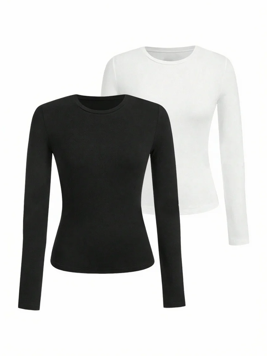 Women's solid-color long-sleeved T-shirt - Polyester knitted fabric, round neck, regular fit, fall-winter style