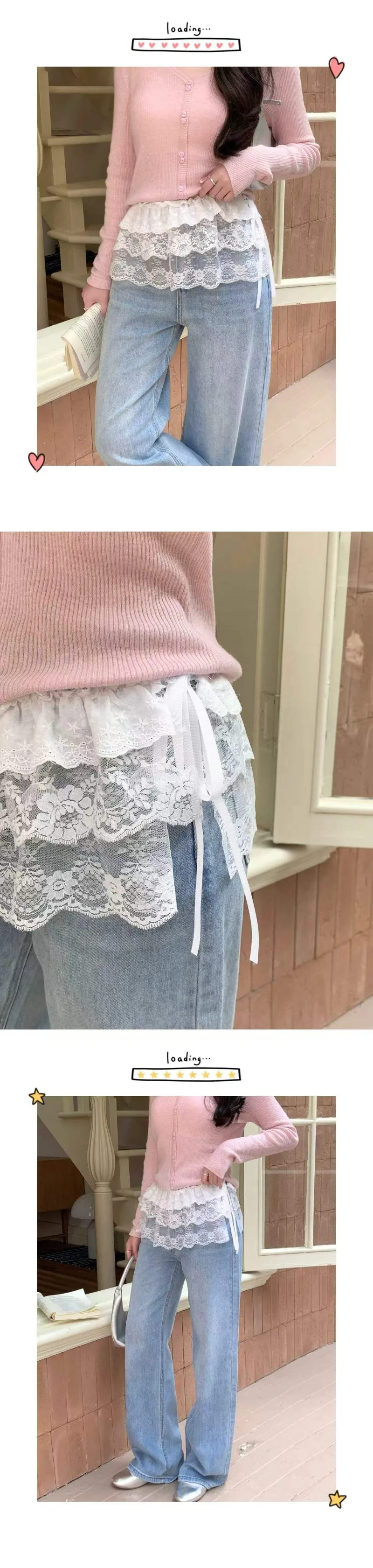 Korean Fashion Lace Irregular Skirt Curtain White Flowers Lace Mesh Halfbody Skirt Women Summer Bottoms Jeans Decorative Hemline