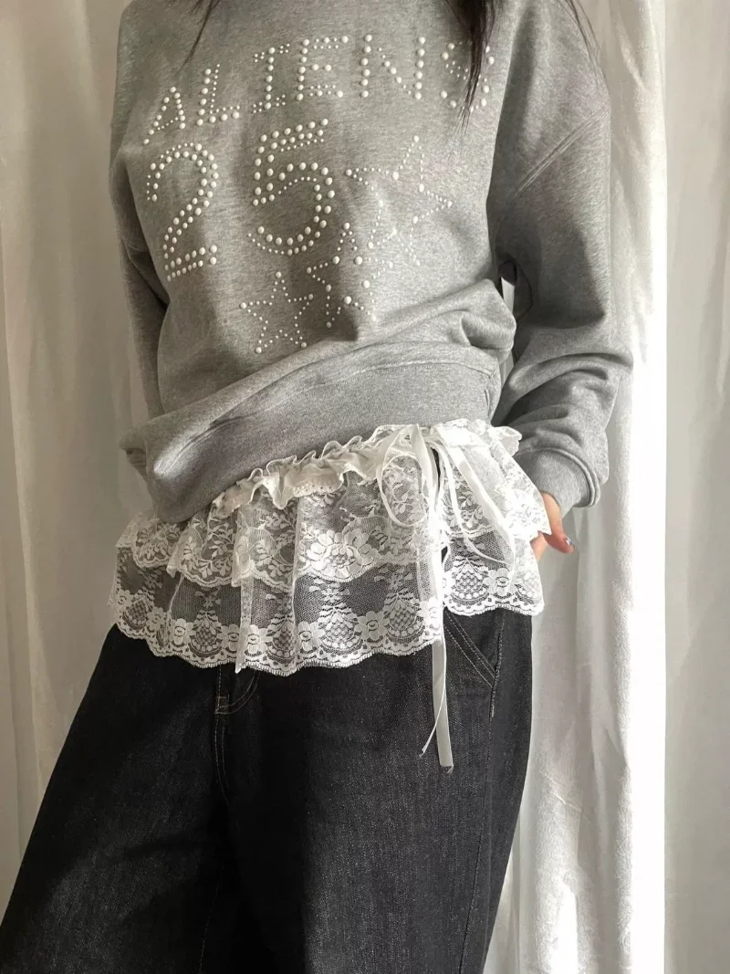 Korean Fashion Lace Irregular Skirt Curtain White Flowers Lace Mesh Halfbody Skirt Women Summer Bottoms Jeans Decorative Hemline