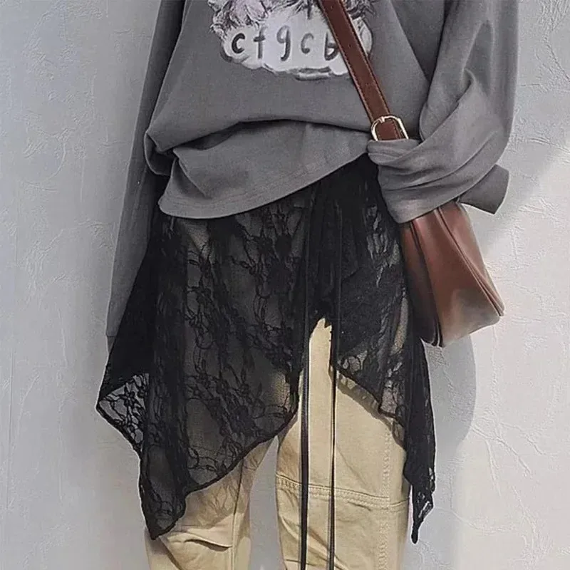Korean Fashion Lace Irregular Skirt Curtain White Flowers Lace Mesh Halfbody Skirt Women Summer Bottoms Jeans Decorative Hemline
