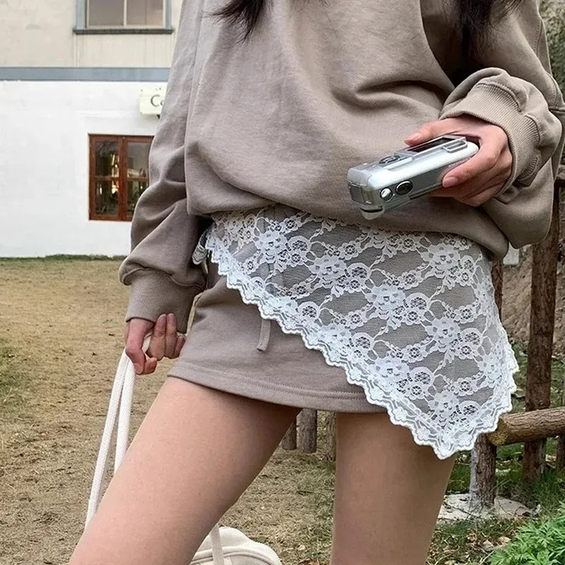 Korean Fashion Lace Irregular Skirt Curtain White Flowers Lace Mesh Halfbody Skirt Women Summer Bottoms Jeans Decorative Hemline