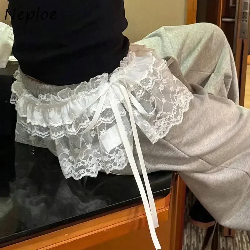 Korean Fashion Lace Irregular Skirt Curtain White Flowers Lace Mesh Halfbody Skirt Women Summer Bottoms Jeans Decorative Hemline