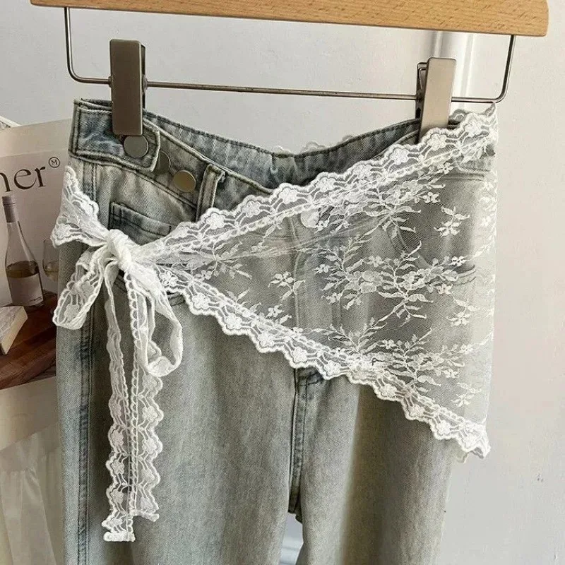 Korean Fashion Lace Irregular Skirt Curtain White Flowers Lace Mesh Halfbody Skirt Women Summer Bottoms Jeans Decorative Hemline