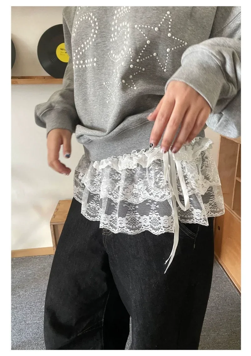 Korean Fashion Lace Irregular Skirt Curtain White Flowers Lace Mesh Halfbody Skirt Women Summer Bottoms Jeans Decorative Hemline