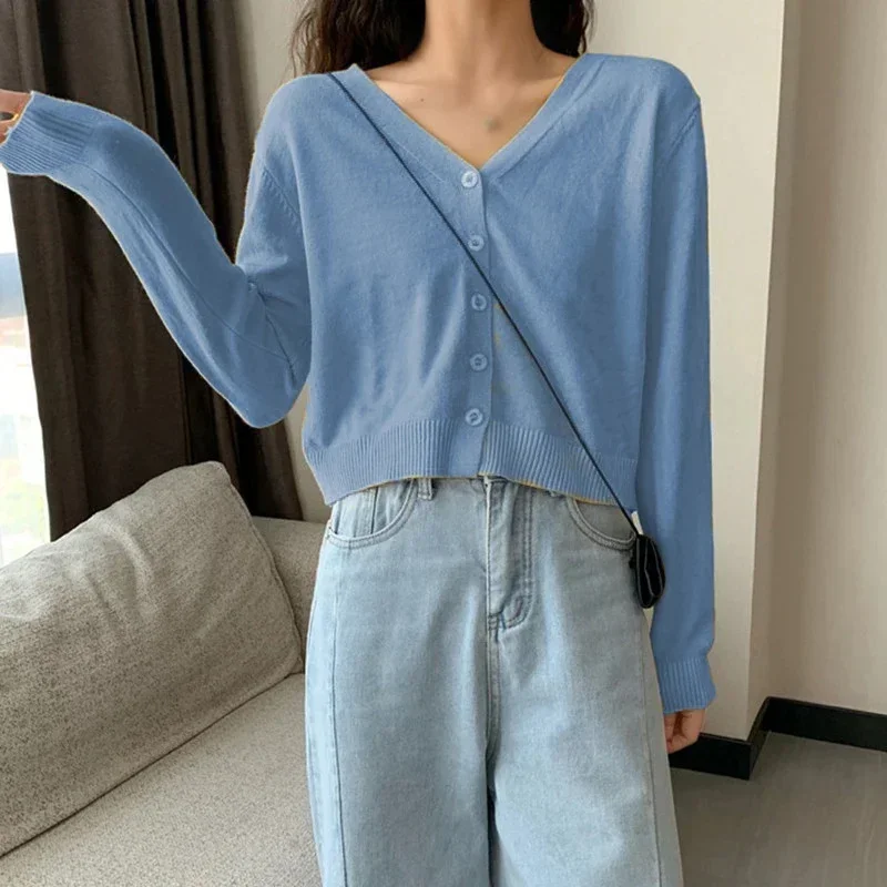 2026 Women Long Sleeve Cropped Cardigan V Neck Button Down Knit Lady Autumn Spring Knitted Single-breasted Cardigan Sweaters