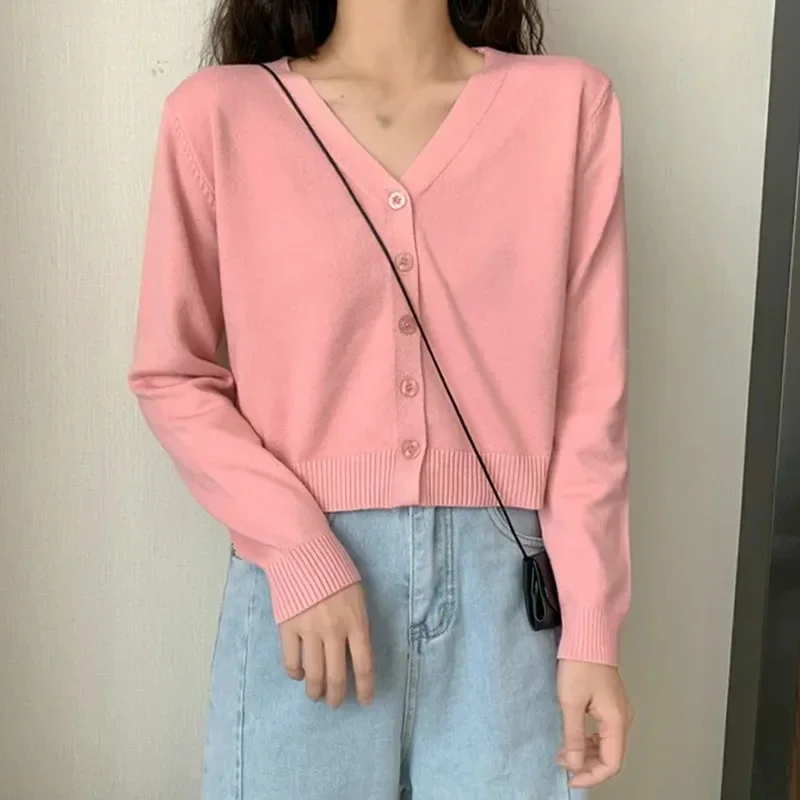 2026 Women Long Sleeve Cropped Cardigan V Neck Button Down Knit Lady Autumn Spring Knitted Single-breasted Cardigan Sweaters