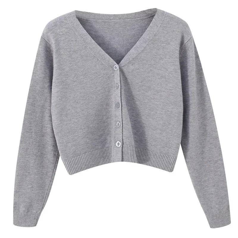 2026 Women Long Sleeve Cropped Cardigan V Neck Button Down Knit Lady Autumn Spring Knitted Single-breasted Cardigan Sweaters