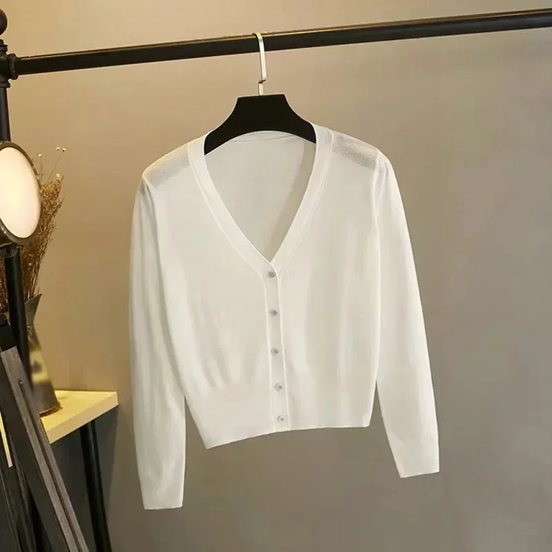 2026 Women Long Sleeve Cropped Cardigan V Neck Button Down Knit Lady Autumn Spring Knitted Single-breasted Cardigan Sweaters
