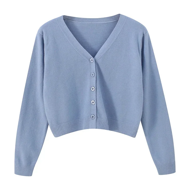 2026 Women Long Sleeve Cropped Cardigan V Neck Button Down Knit Lady Autumn Spring Knitted Single-breasted Cardigan Sweaters