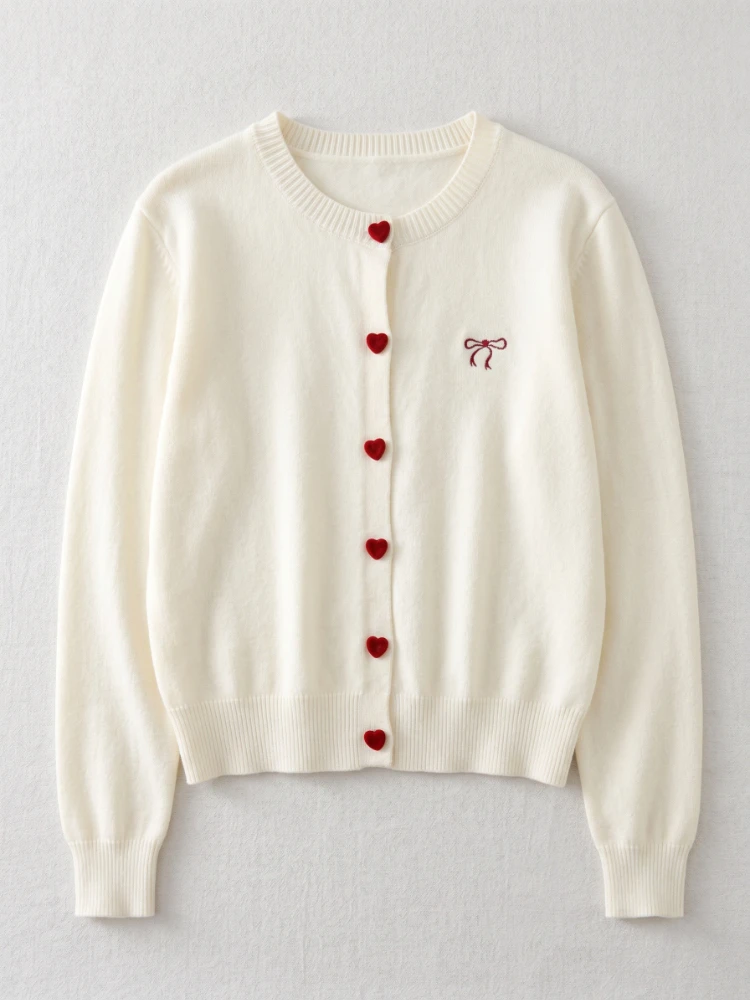 2026 Autumn O-Neck Single Breasted Heart Button Sweater Bow Embroidery Knitted Women Cardigan Korean Casual Tops Woman Clothes