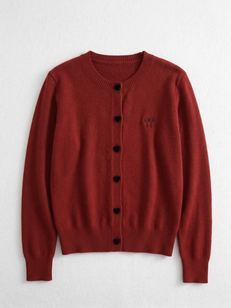 2026 Autumn O-Neck Single Breasted Heart Button Sweater Bow Embroidery Knitted Women Cardigan Korean Casual Tops Woman Clothes