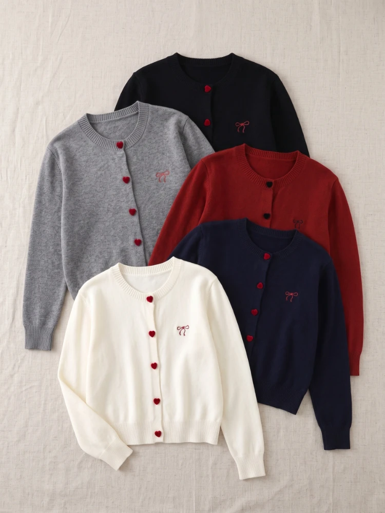 2026 Autumn O-Neck Single Breasted Heart Button Sweater Bow Embroidery Knitted Women Cardigan Korean Casual Tops Woman Clothes