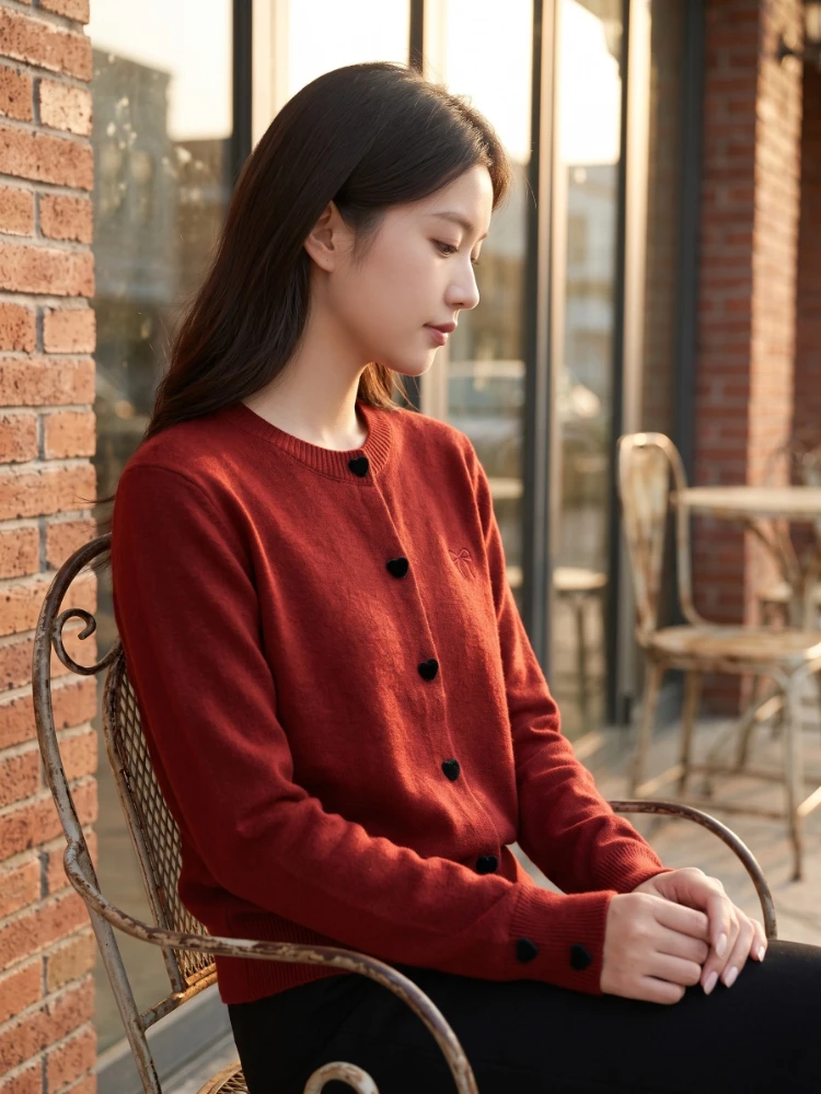 2026 Autumn O-Neck Single Breasted Heart Button Sweater Bow Embroidery Knitted Women Cardigan Korean Casual Tops Woman Clothes