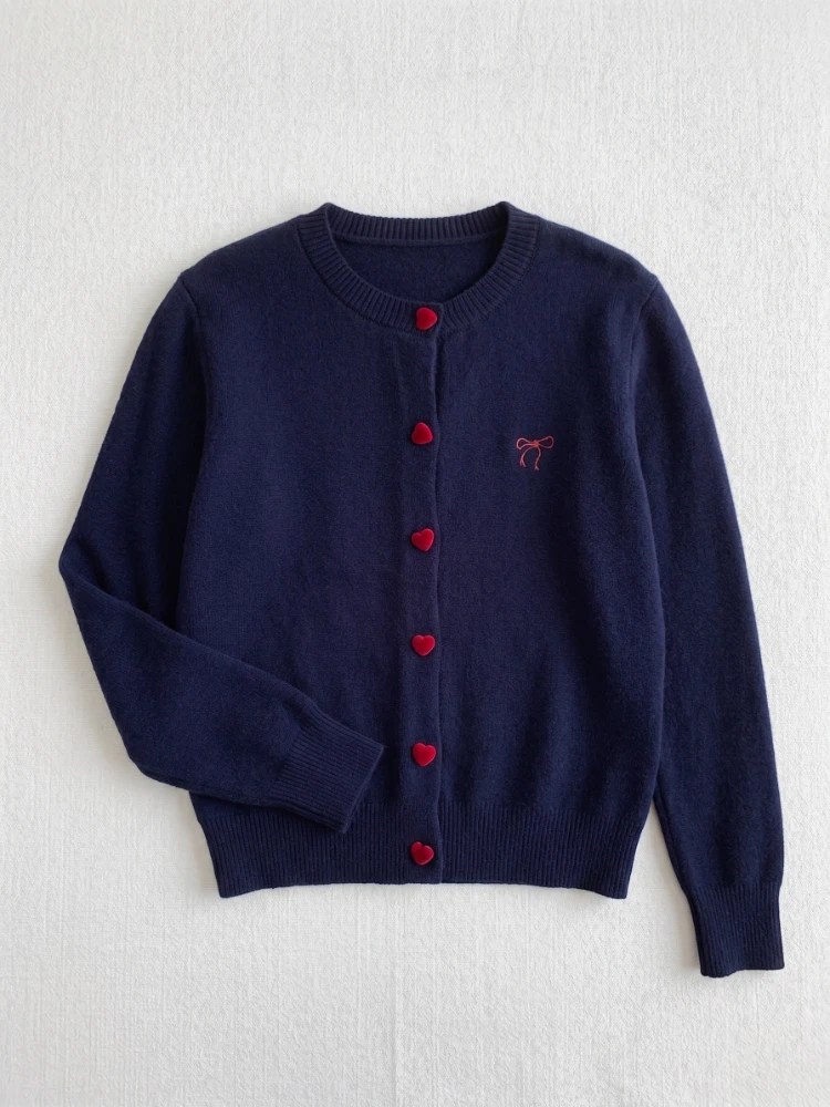 2026 Autumn O-Neck Single Breasted Heart Button Sweater Bow Embroidery Knitted Women Cardigan Korean Casual Tops Woman Clothes