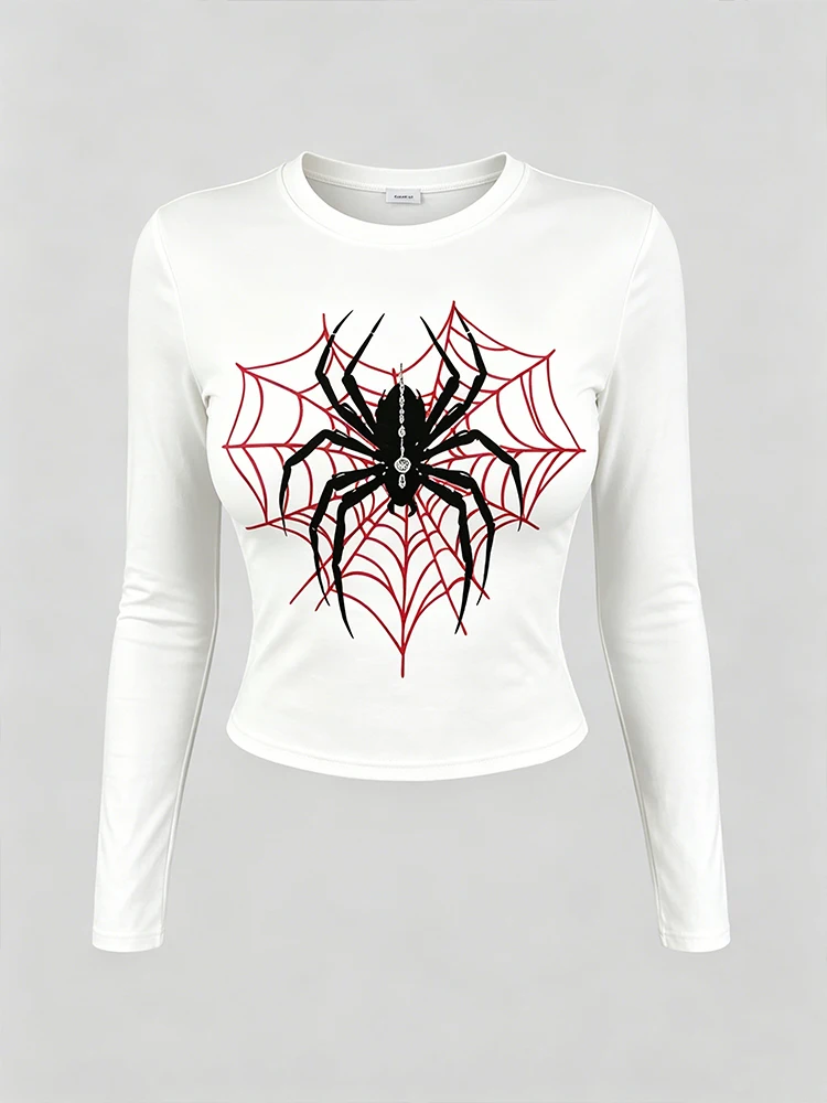 American Spider Red Spider Web Print Long-Sleeved T-Shirt for Women - Round Neck Tight Short Sleeve Low-Waist Stretch T-Shirt