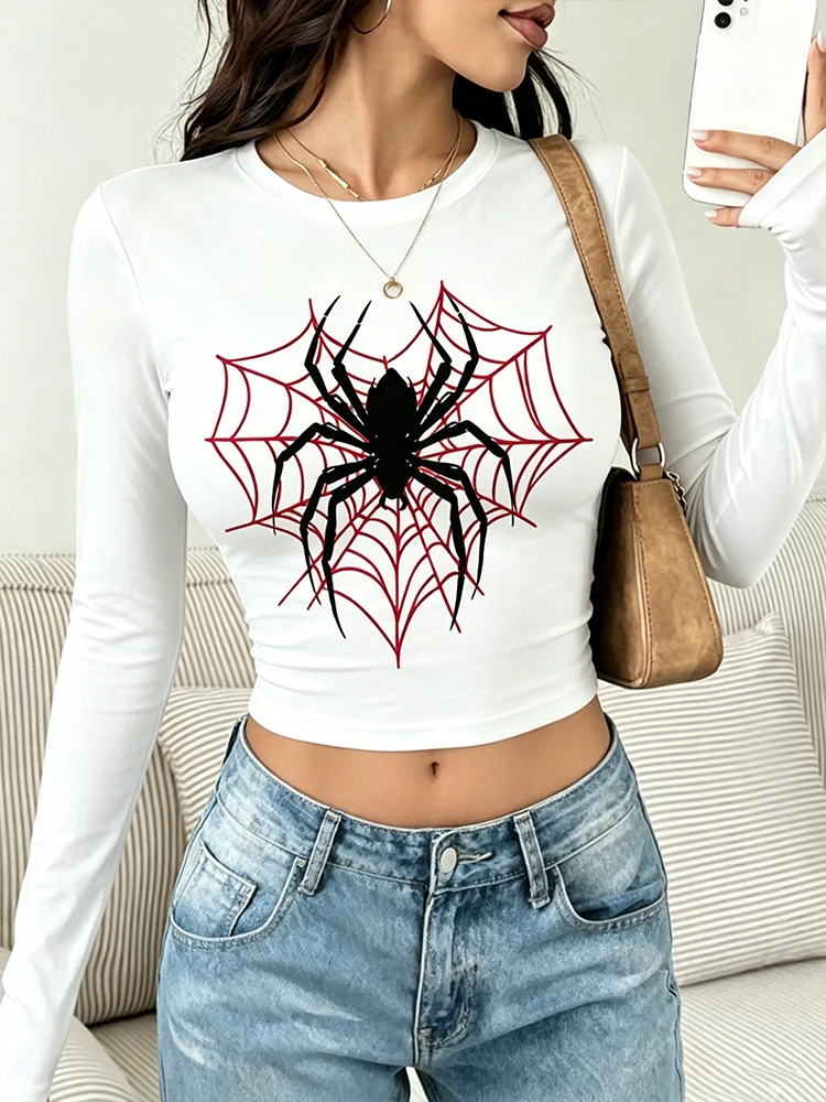 American Spider Red Spider Web Print Long-Sleeved T-Shirt for Women - Round Neck Tight Short Sleeve Low-Waist Stretch T-Shirt
