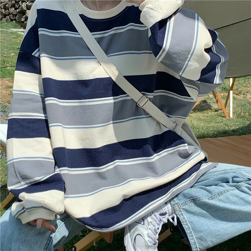 Striped T Shirt for Women 2026 Fall Winter Thin Loose Fit Long Sleeve Rainbow Stripe Casual Blouse Tee Top Plus Size Streetwear