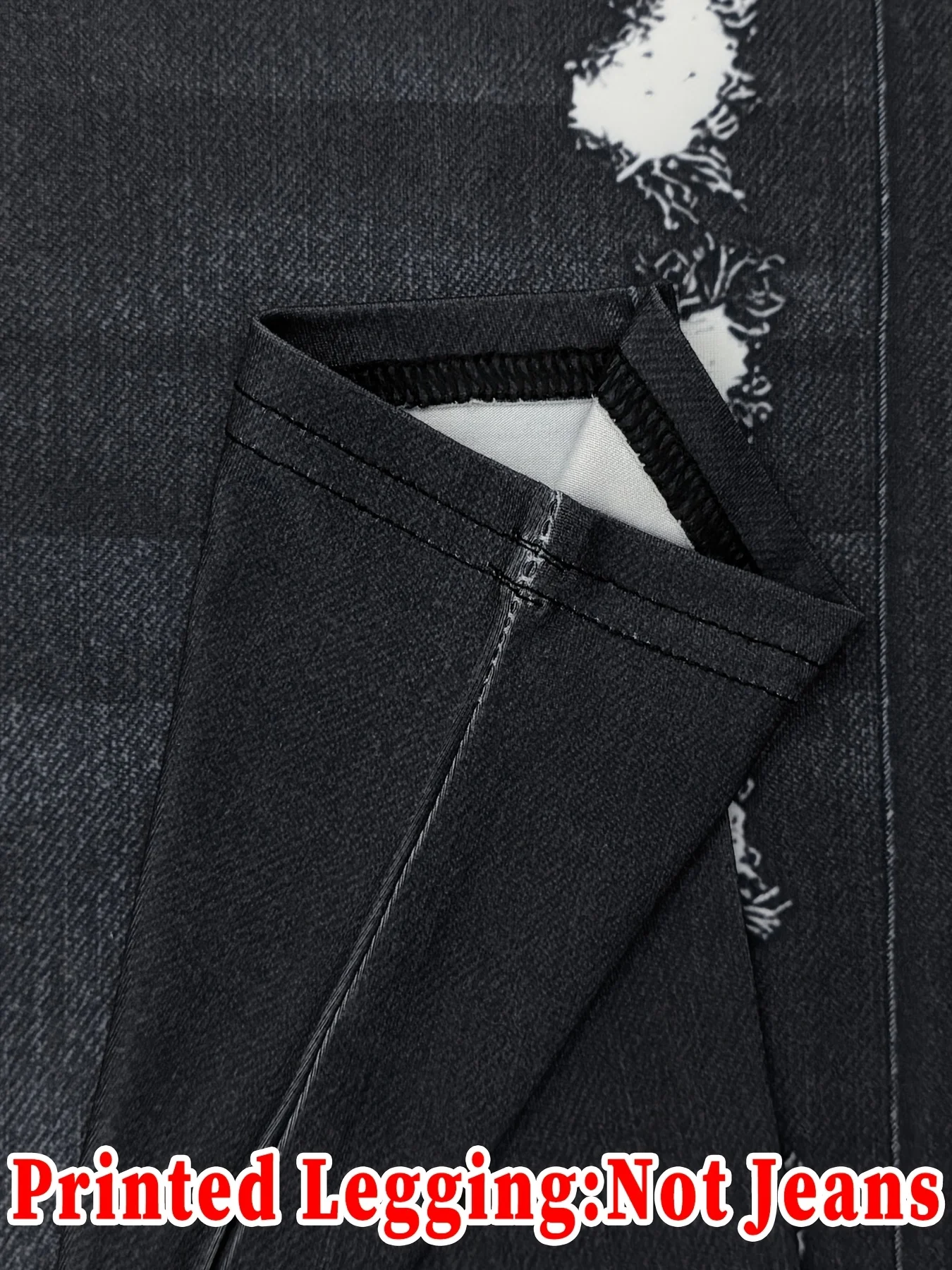 Women Black Washed Faux Denim Ripped Printed Skinny Long Pants Sports Casual High Waist Stretch Non‑Denim Slim Fit Leggings