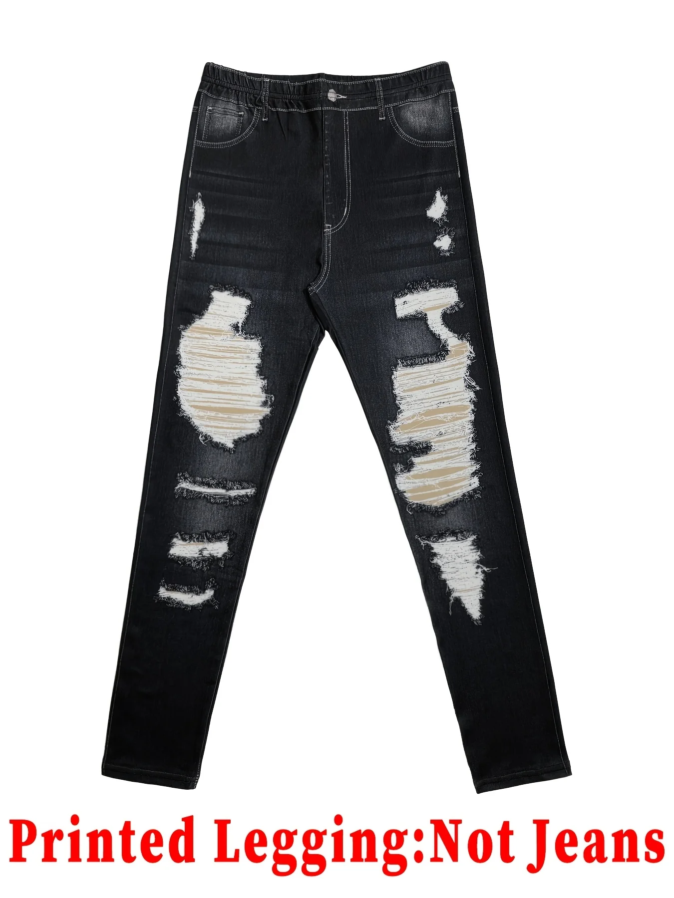 Women Black Washed Faux Denim Ripped Printed Skinny Long Pants Sports Casual High Waist Stretch Non‑Denim Slim Fit Leggings