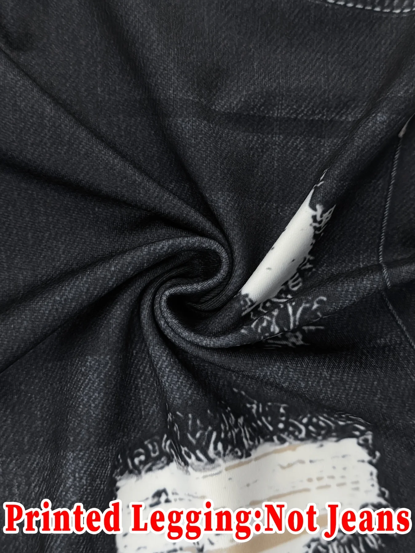 Women Black Washed Faux Denim Ripped Printed Skinny Long Pants Sports Casual High Waist Stretch Non‑Denim Slim Fit Leggings
