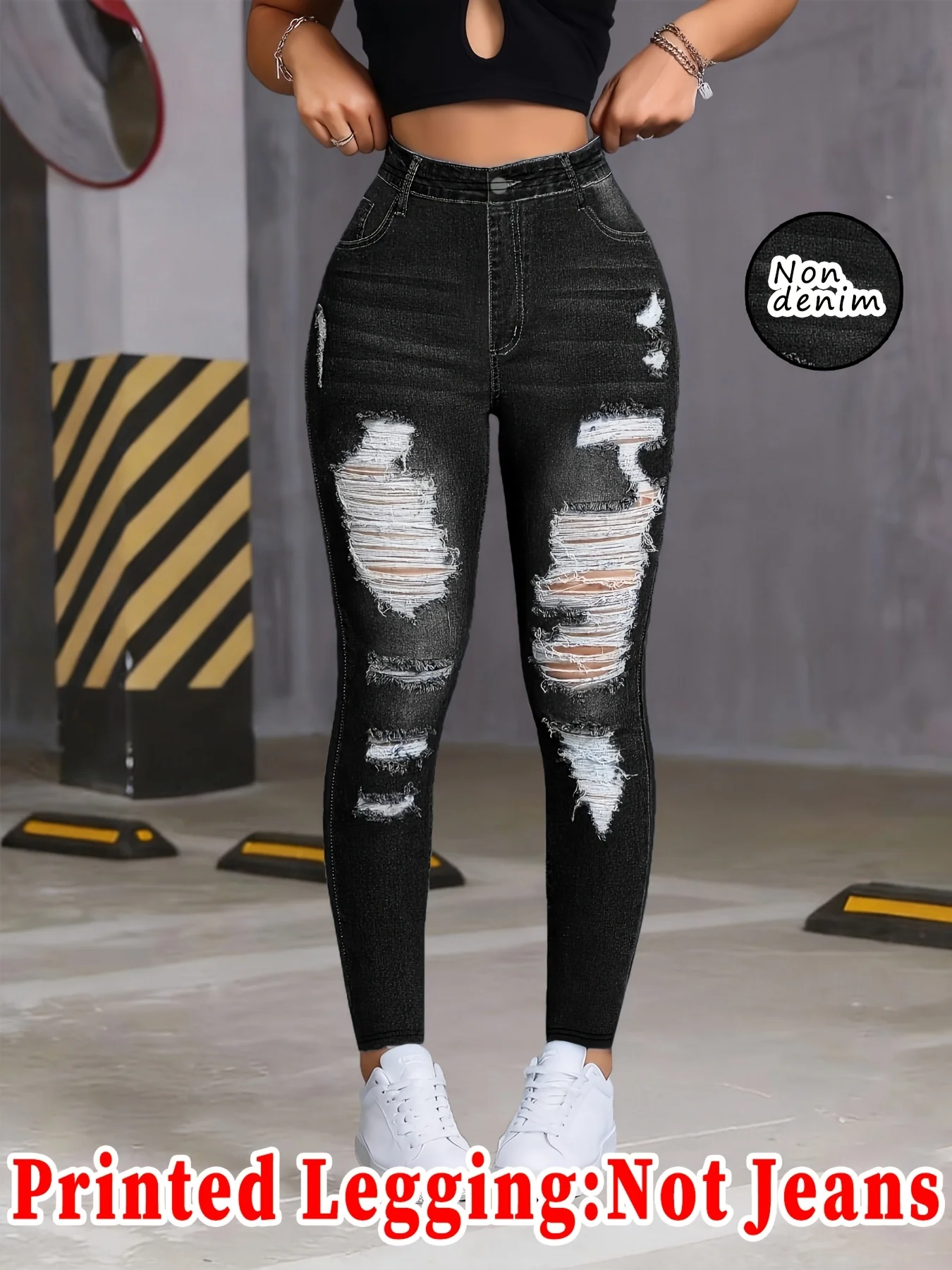 Women Black Washed Faux Denim Ripped Printed Skinny Long Pants Sports Casual High Waist Stretch Non‑Denim Slim Fit Leggings