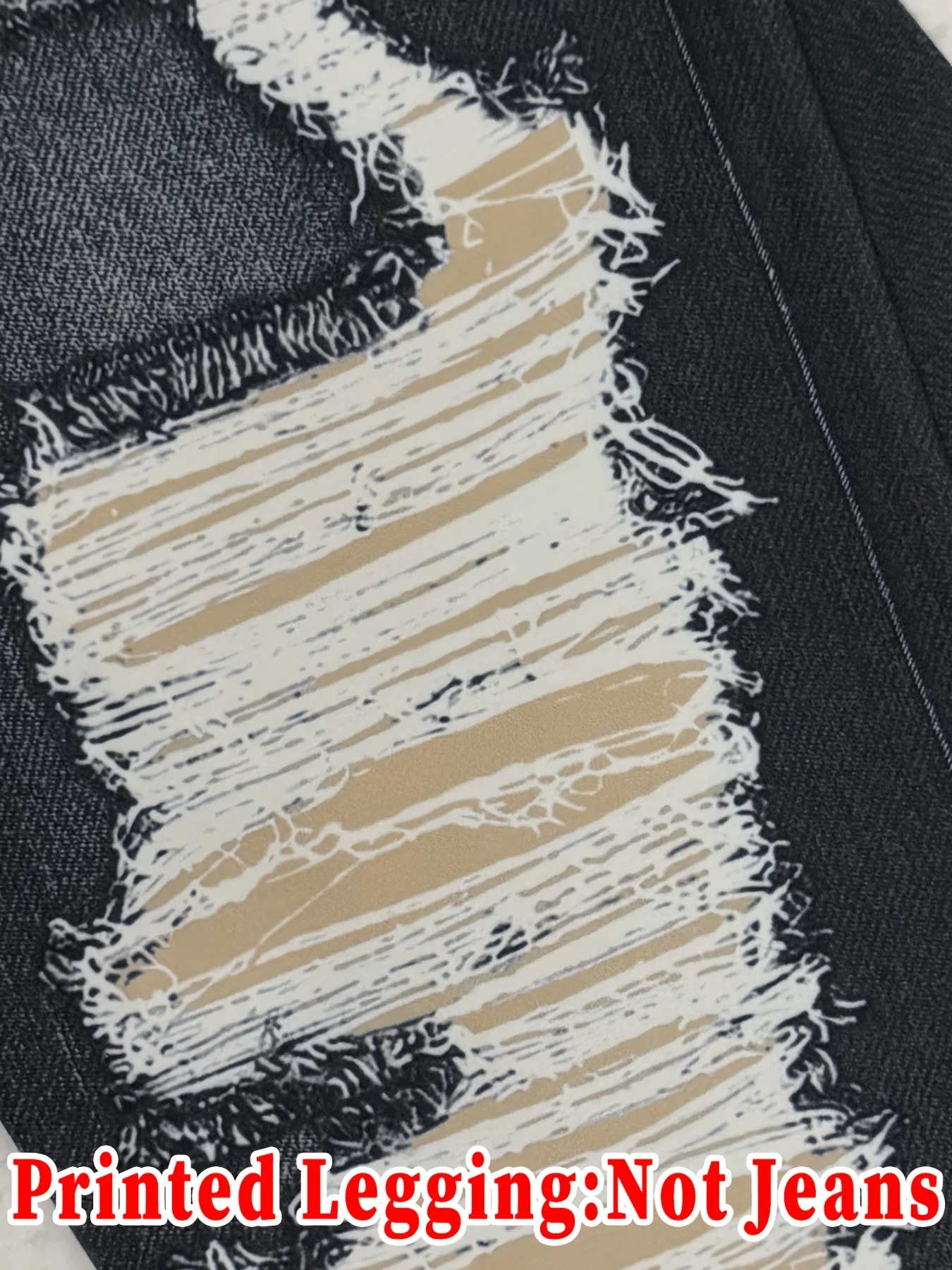 Women Black Washed Faux Denim Ripped Printed Skinny Long Pants Sports Casual High Waist Stretch Non‑Denim Slim Fit Leggings