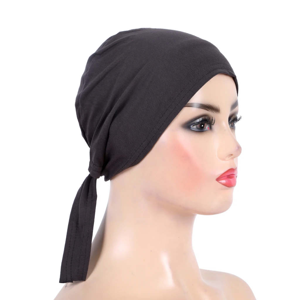 H048 Plain Cotton Tie Back Hats Muslim Turban Pure Color Stretch Inner Hijabs Underscarf Women Head Scarf Under Hijab Bonnet