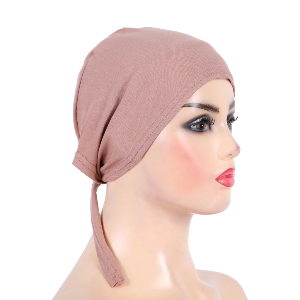 H048 Plain Cotton Tie Back Hats Muslim Turban Pure Color Stretch Inner Hijabs Underscarf Women Head Scarf Under Hijab Bonnet