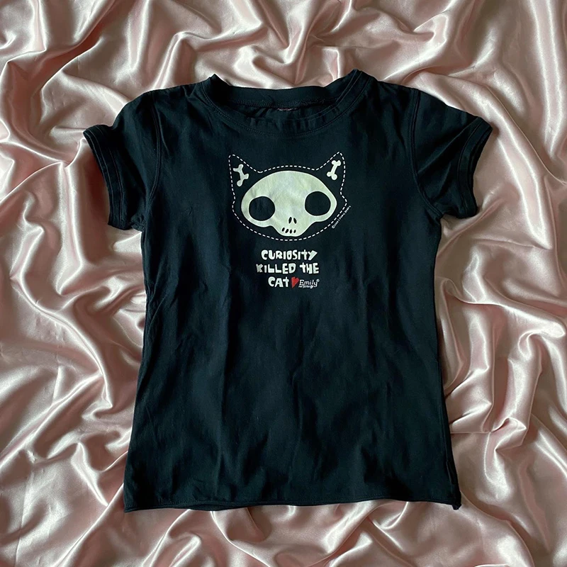 Harajuku Aesthetic Y2k Crop Top Women Sexy Letter Print Graphics Baby Tee Goth Casual Short Sleeve Tshirt Punk Streetwear Slim