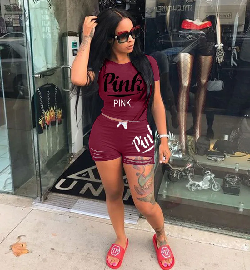 2026 Hot Selling European and American Women's Summer Pink Shorts Letter Print Burn Flower Sports Two-piece Set