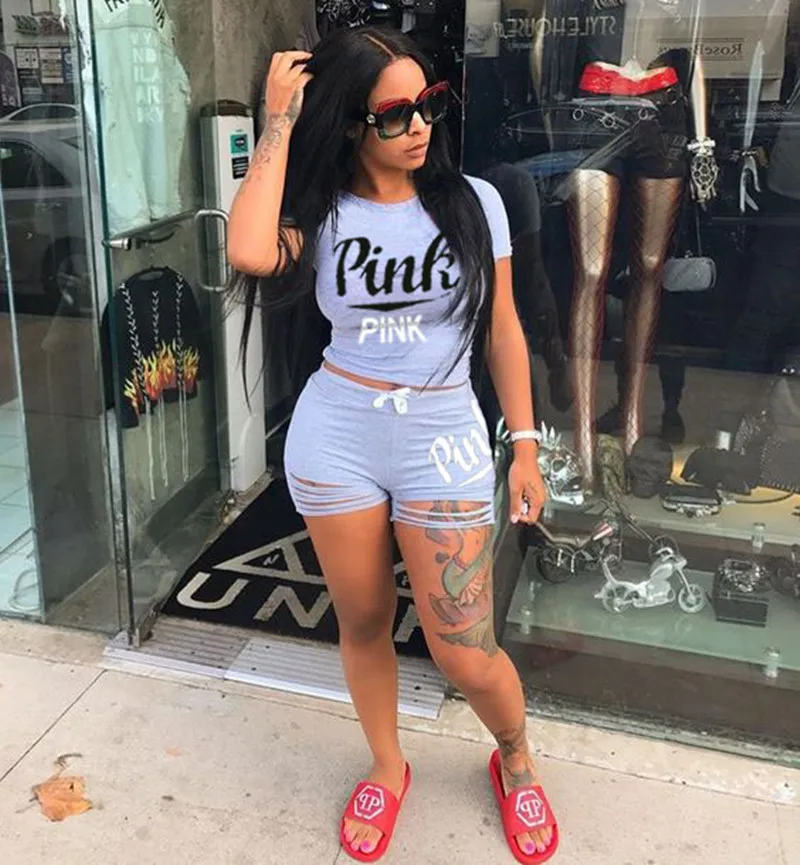 2026 Hot Selling European and American Women's Summer Pink Shorts Letter Print Burn Flower Sports Two-piece Set
