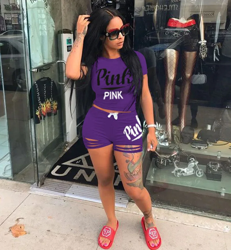 2026 Hot Selling European and American Women's Summer Pink Shorts Letter Print Burn Flower Sports Two-piece Set
