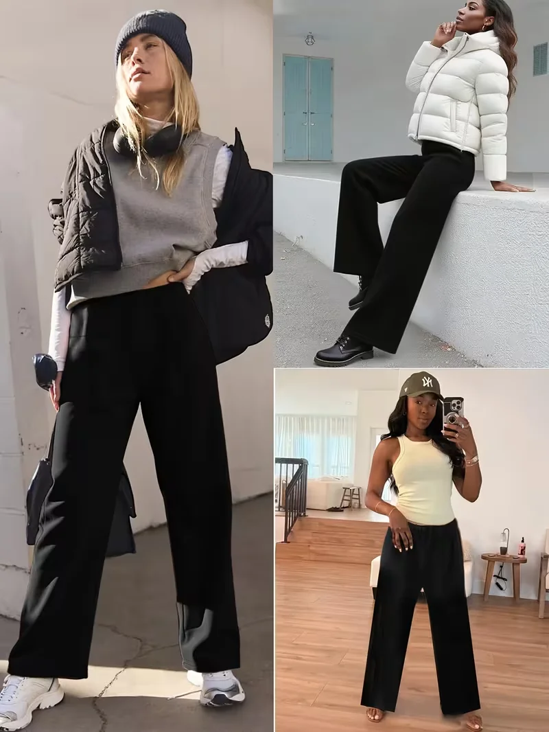 Plush Wide Leg Trousers Warm Winter High Waisted Straight Pants Outdoor Skiing Jogging Or Exercise Winter Women's Pants & Capris