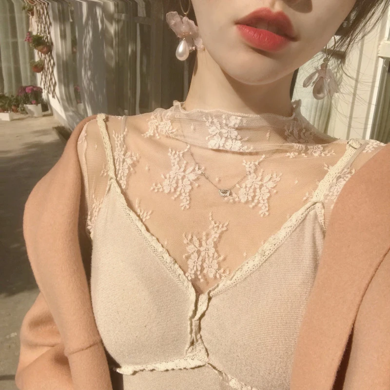Elegant Sexy Women's Mesh T-Shirts Long Sleeve Lace See Through Blouse Versatile Bottoming Shirt Girls Sheer Tees Body Crop Top