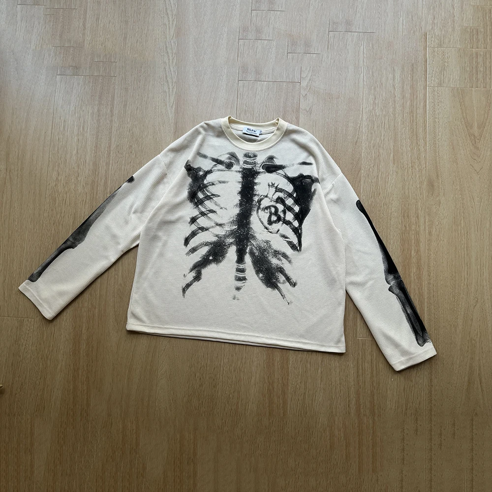 Unisex Y2K Gothic Bone Skeleton Print Long Sleeve T-shirts Streetwear Crew Neck Cotton Loose Autumn Top Tees