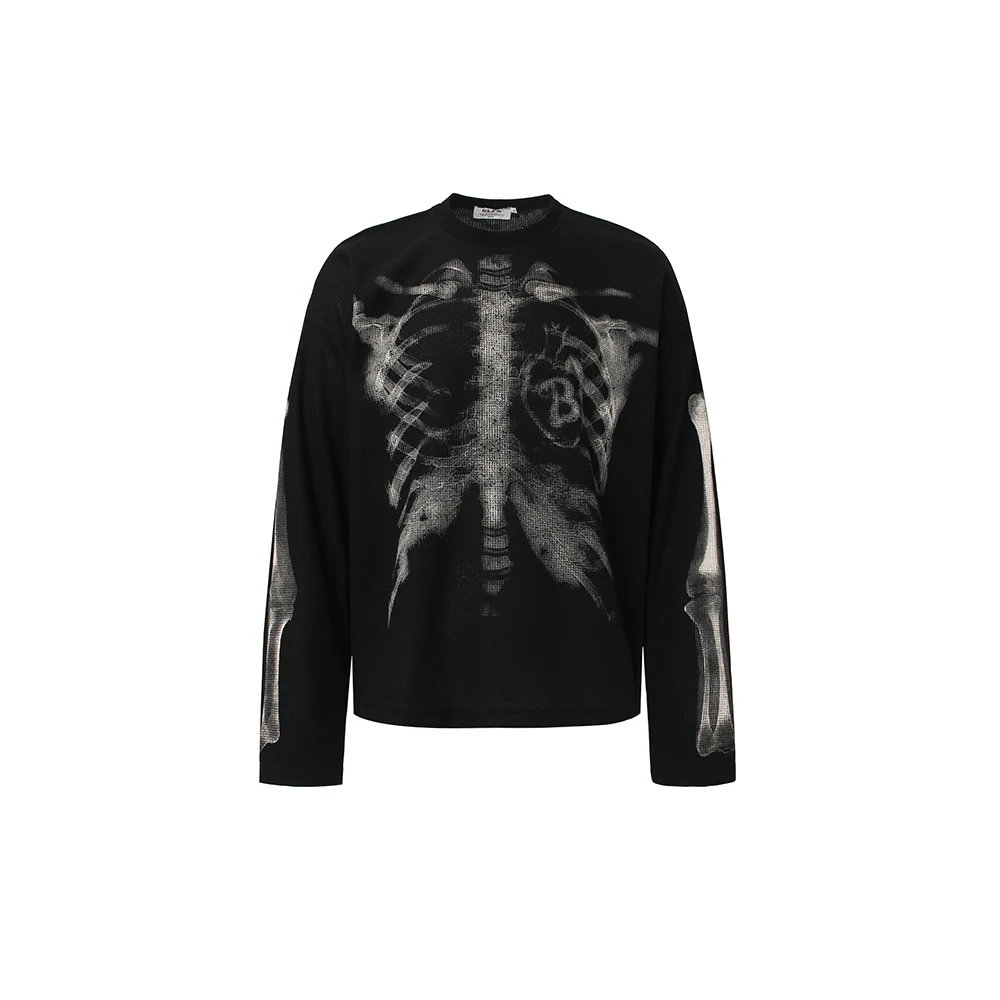 Unisex Y2K Gothic Bone Skeleton Print Long Sleeve T-shirts Streetwear Crew Neck Cotton Loose Autumn Top Tees