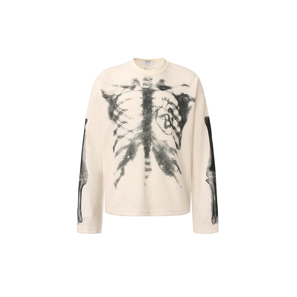 Unisex Y2K Gothic Bone Skeleton Print Long Sleeve T-shirts Streetwear Crew Neck Cotton Loose Autumn Top Tees