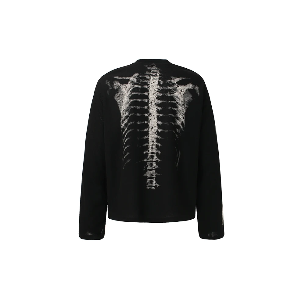 Unisex Y2K Gothic Bone Skeleton Print Long Sleeve T-shirts Streetwear Crew Neck Cotton Loose Autumn Top Tees