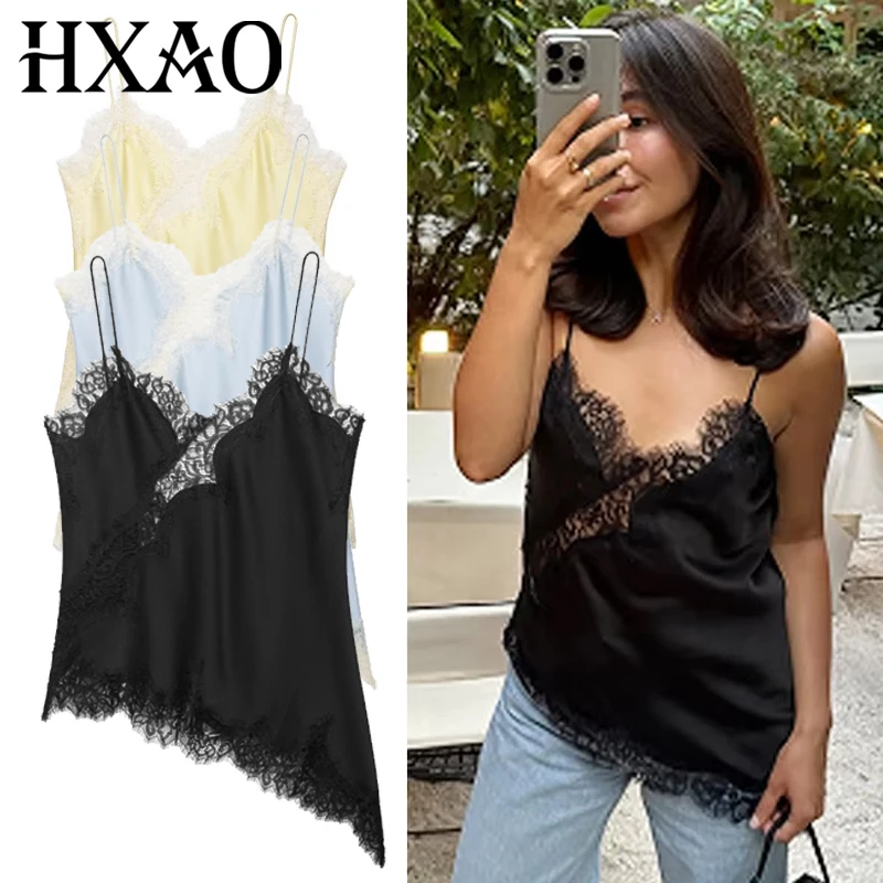 HXAO Lace Asymmetrical Top Women Tanks & Camis Summer 2025 Black Slip Sleeveless Top Ladies y2k Backless Off Shoulder Camisole