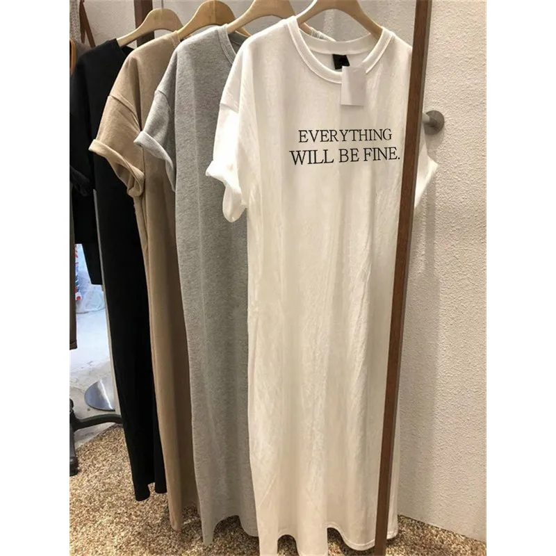 Summer Thin Plus Size Loose Short Sleeved Dress Women 2025 New Letter Printed Simple Round Neck Dress